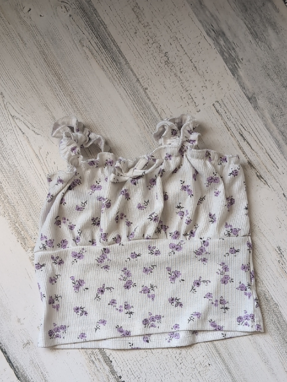 SHEIN White Tank Top with Lavender Floral Print and Ruffle Straps